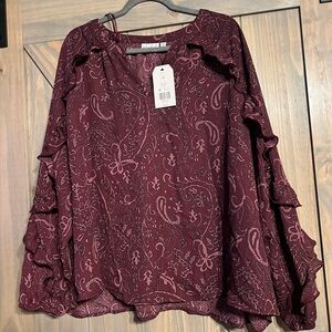 Wonderly Burgundy Paisley Ruffle Blouse